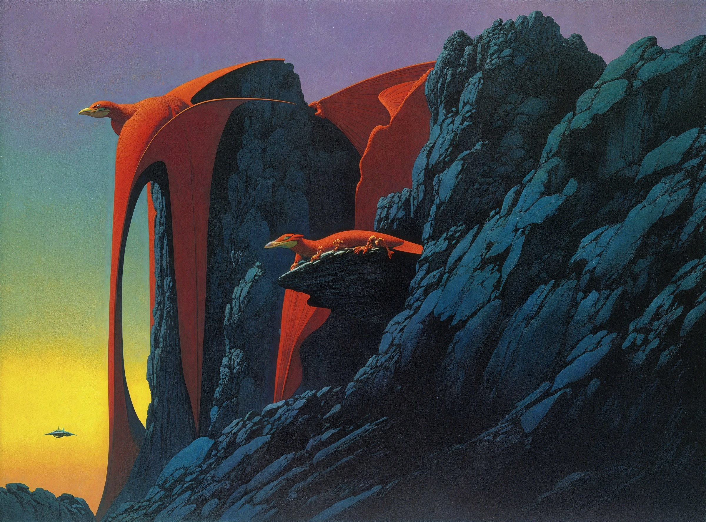 Surreal landscape with vibrant rocks and red creatures