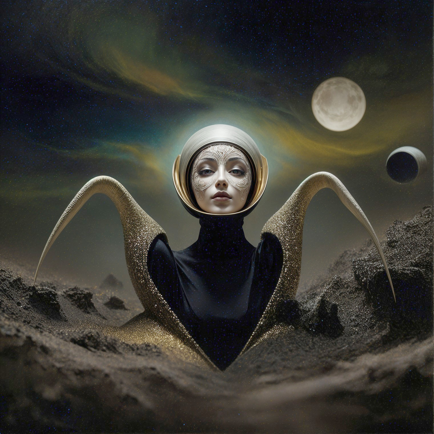 Surreal Cosmic Landscape with Figure and Moons
