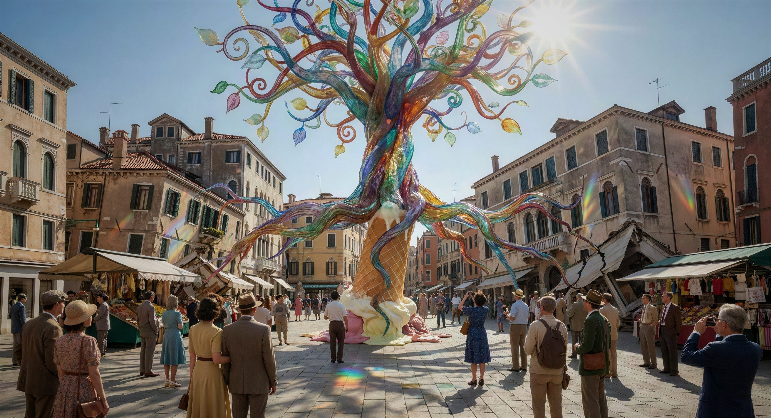 Artistic Tree Installation in Italian Piazza Scene
