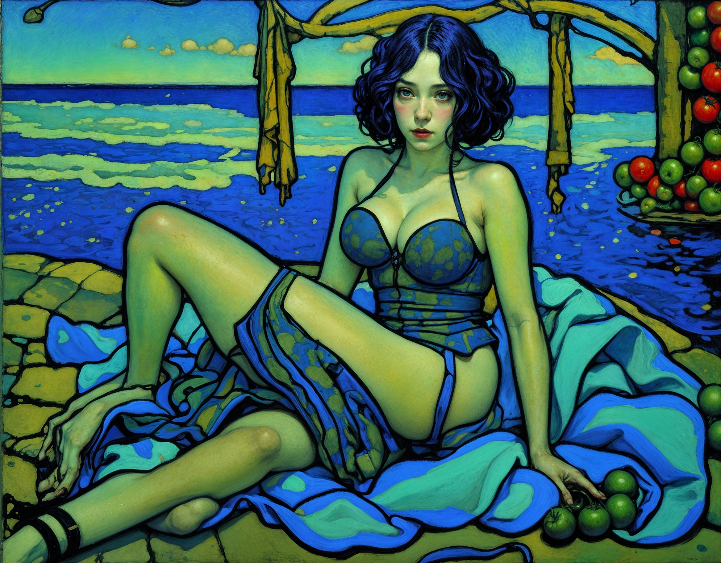 Artistic depiction of a woman by the seaside