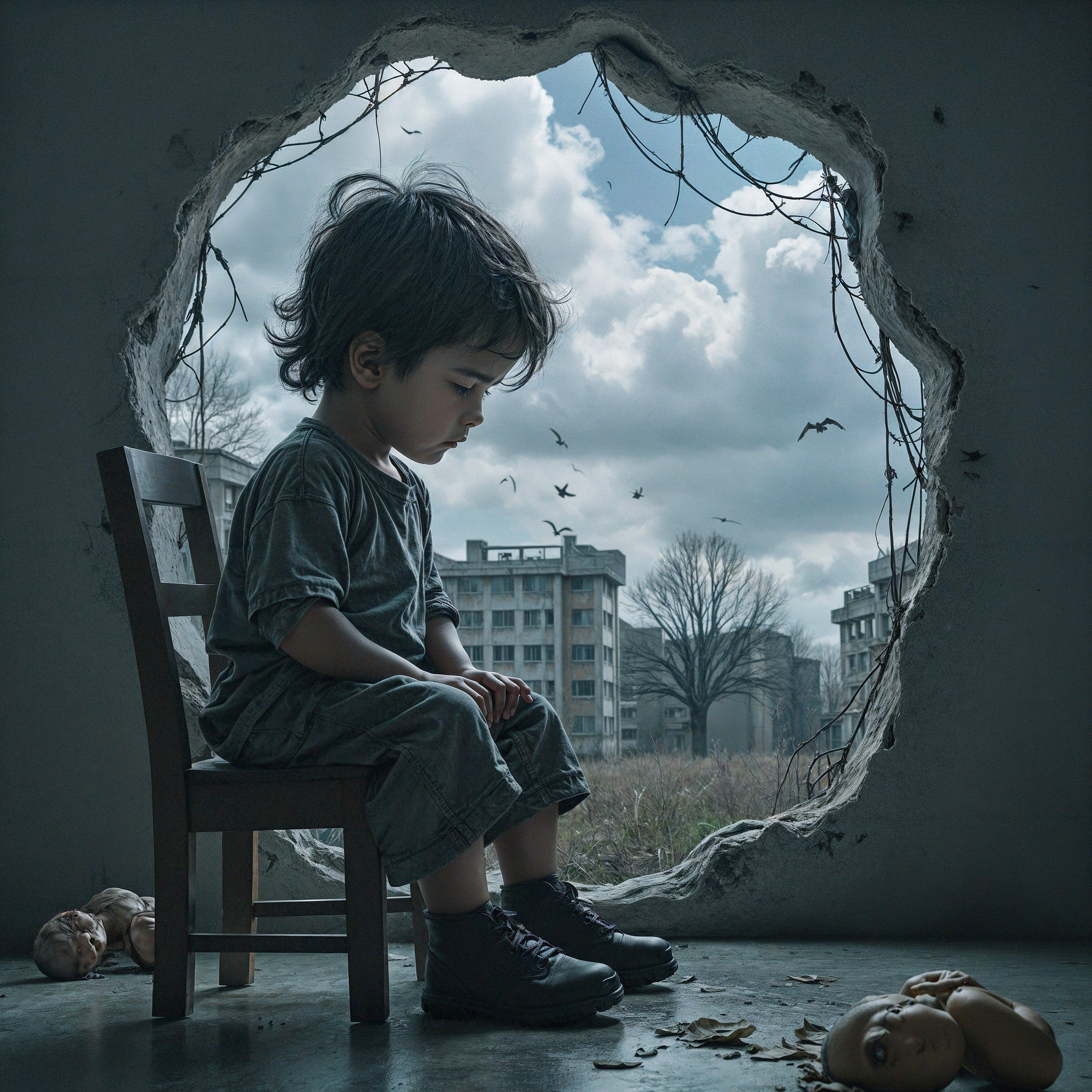 Young boy on chair in desolate landscape scene
