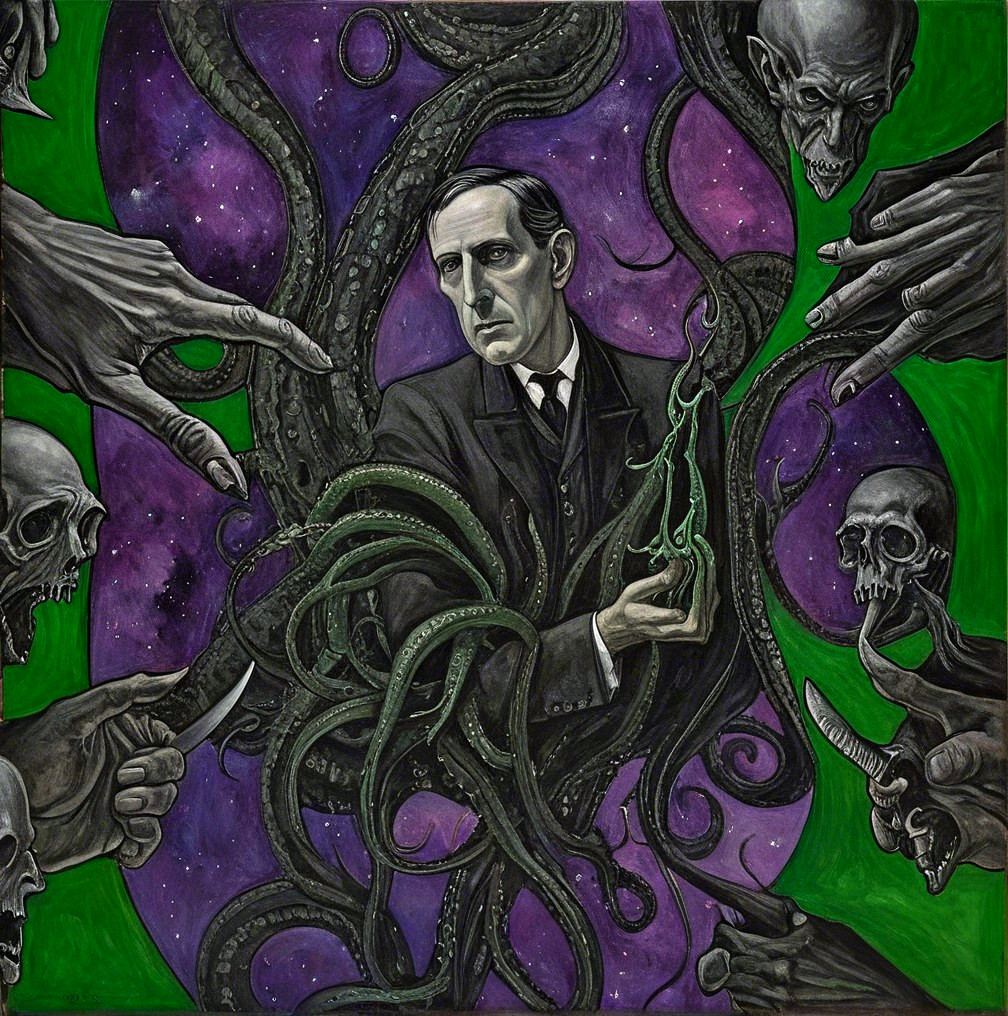 Man in Suit Surrounded by Tentacles and Eerie Figures