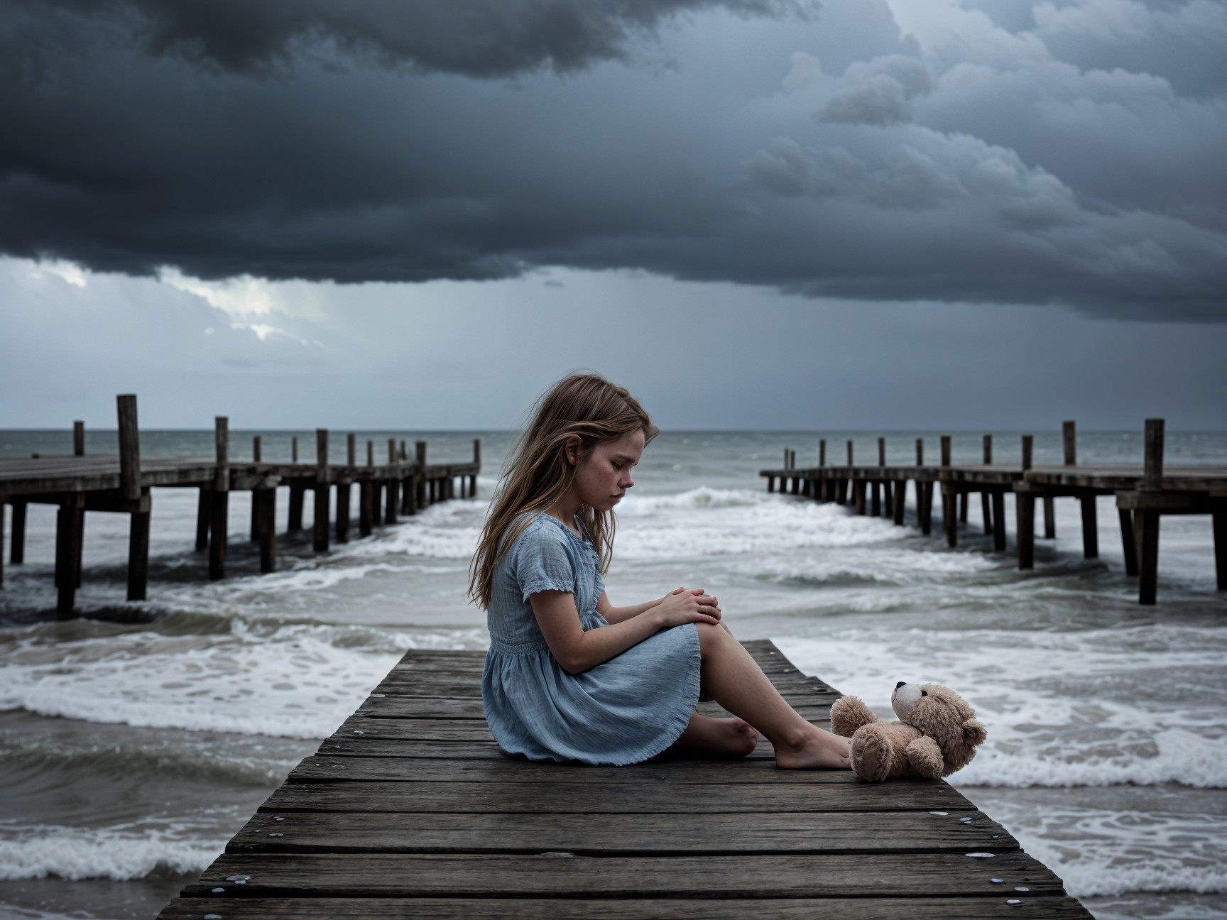 Young girl on a pier with stormy sea backdrop