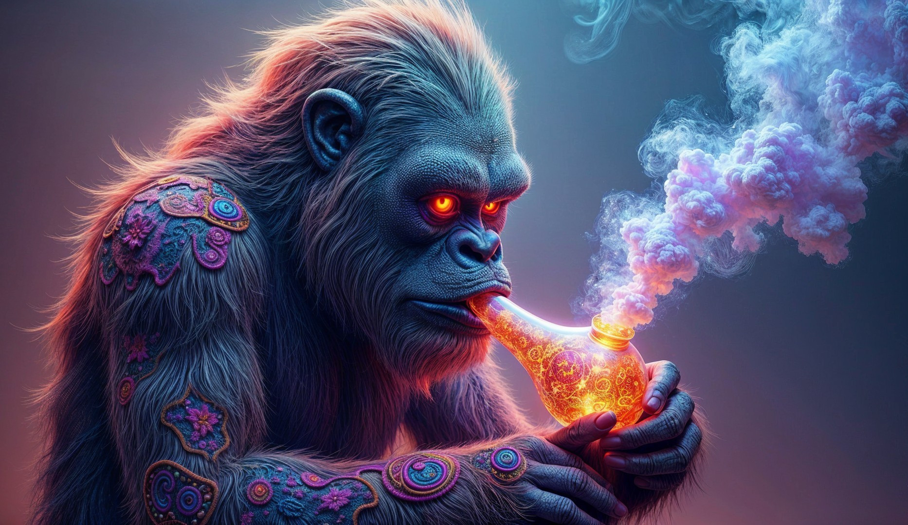 Surreal gorilla with tattoos and glowing orange eyes
