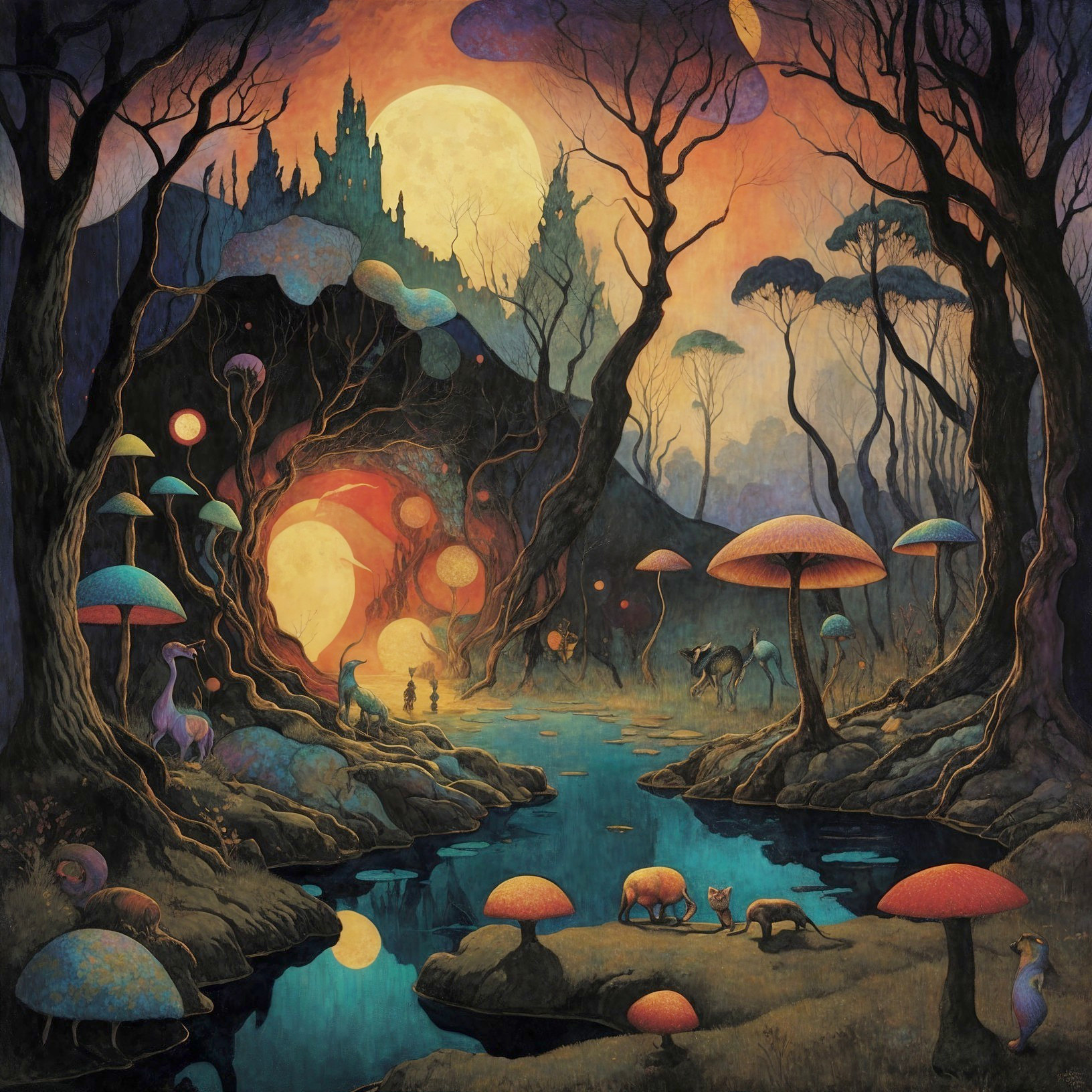 Surreal Twilight Landscape with Mystical Elements