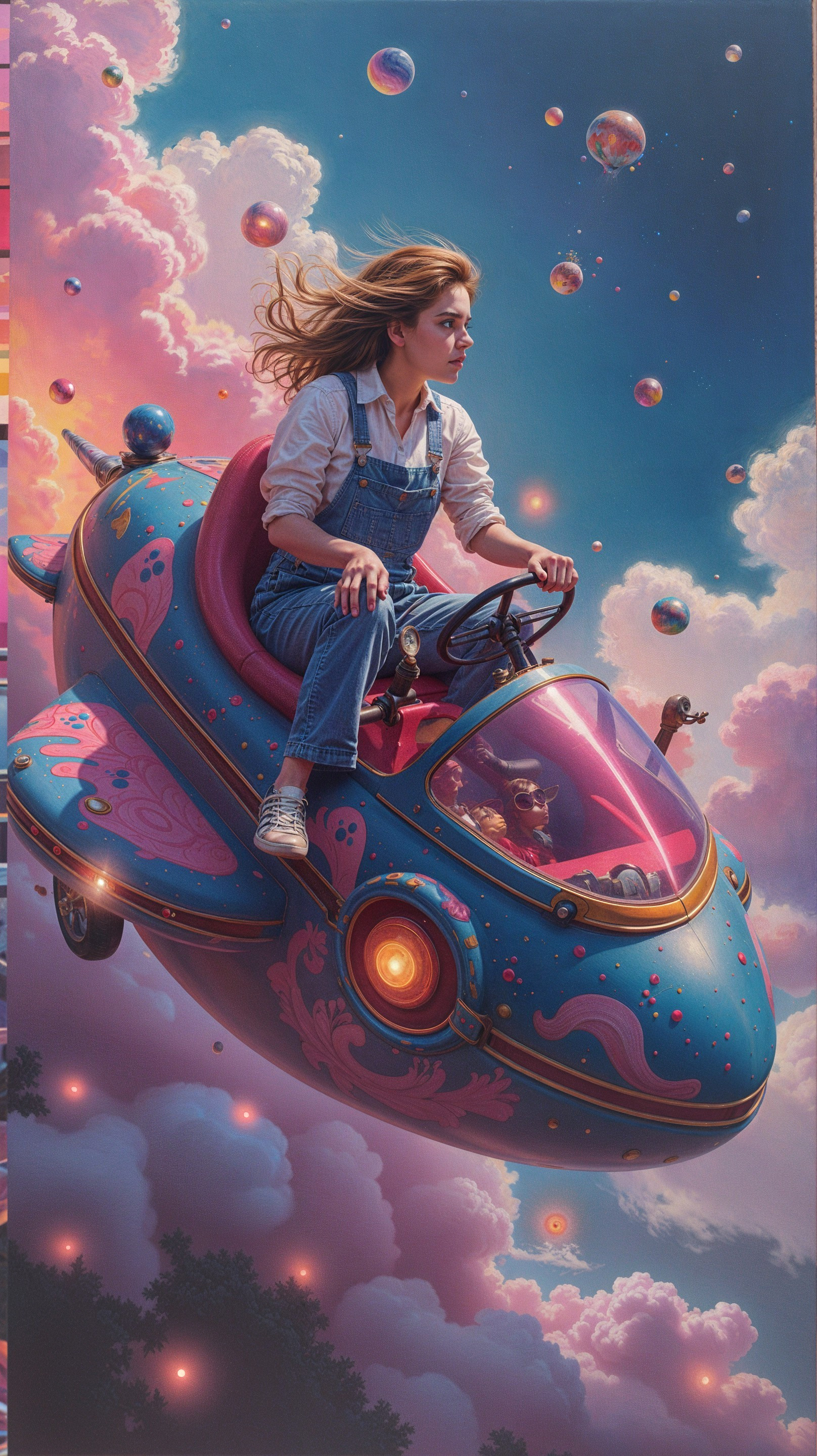 Young woman pilots colorful spaceship in dreamy sky