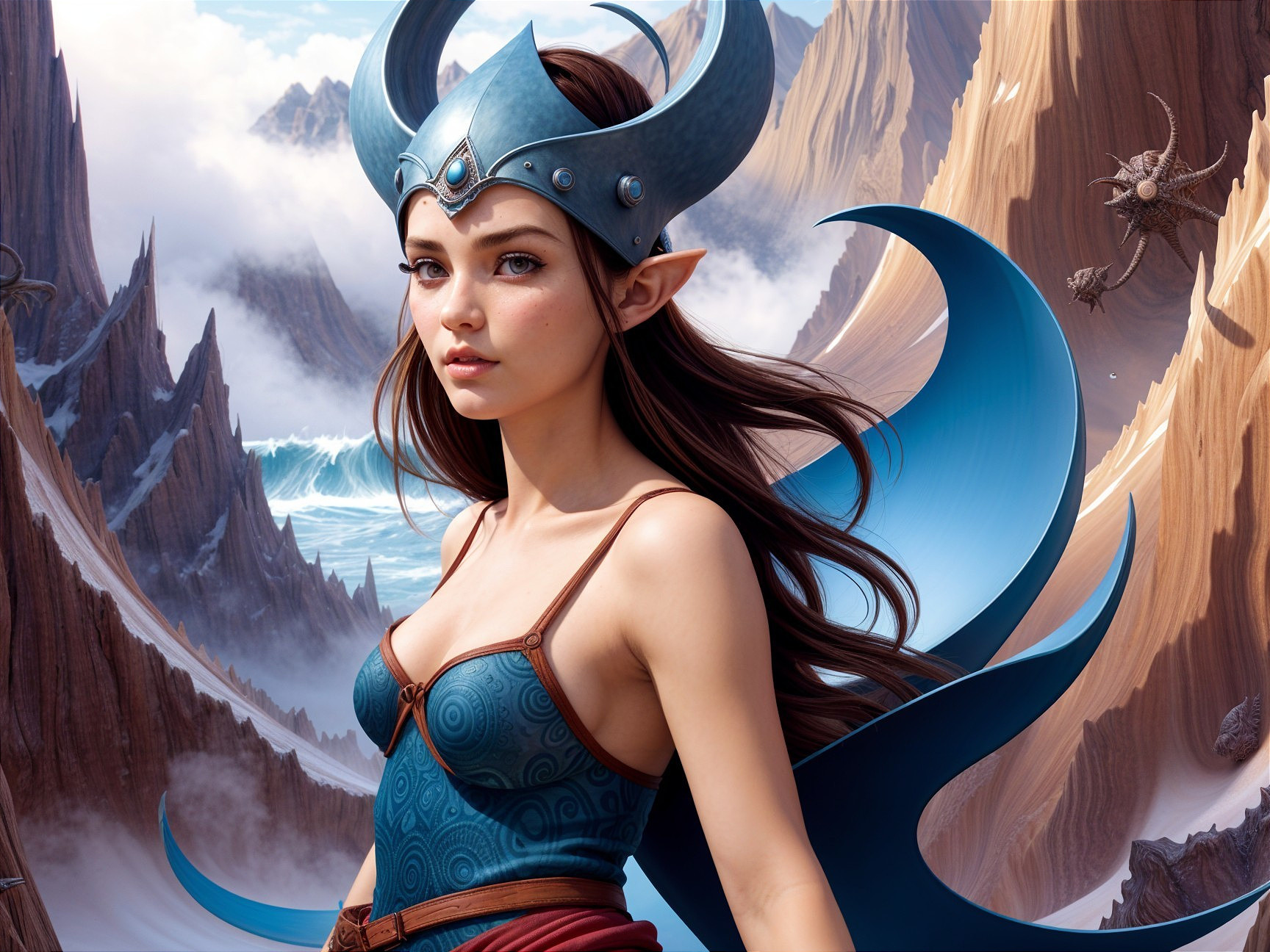 Elf-like figure in a mountainous, coastal landscape