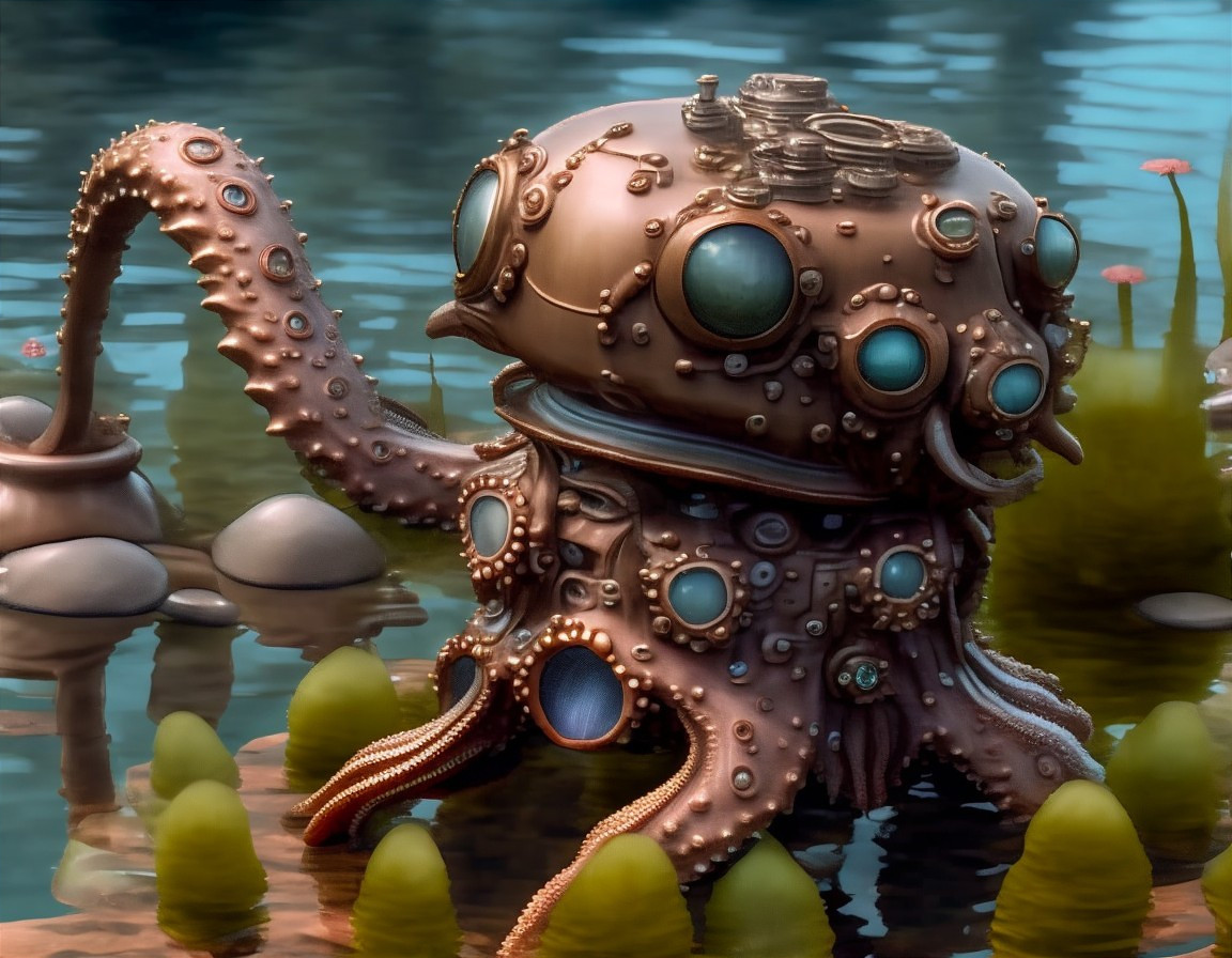 Steampunk Octopus Creature in Underwater Landscape