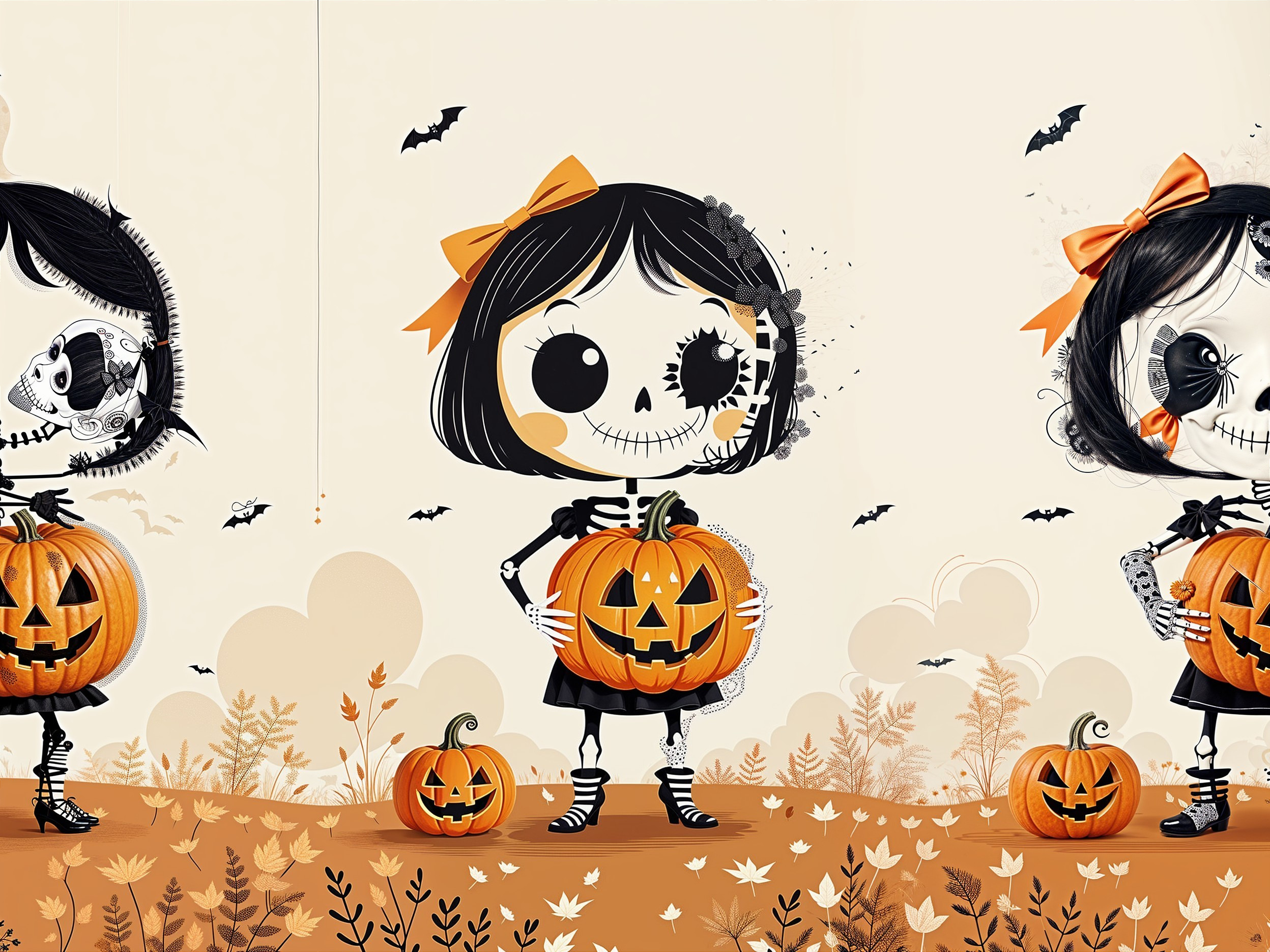 Playful Skeleton Girls with Pumpkins in Autumn Scene