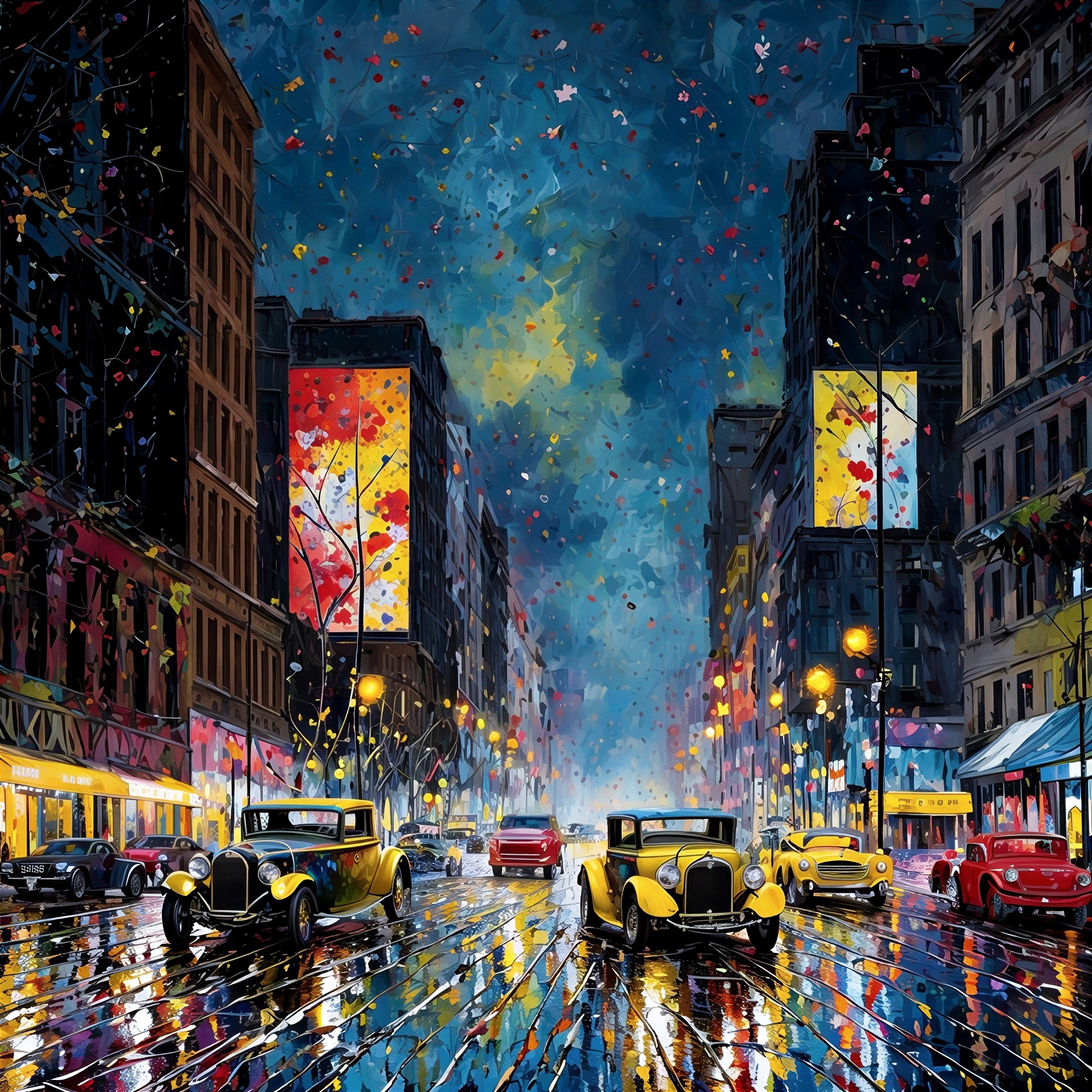 Impressionistic City Street Scene at Night After Rain