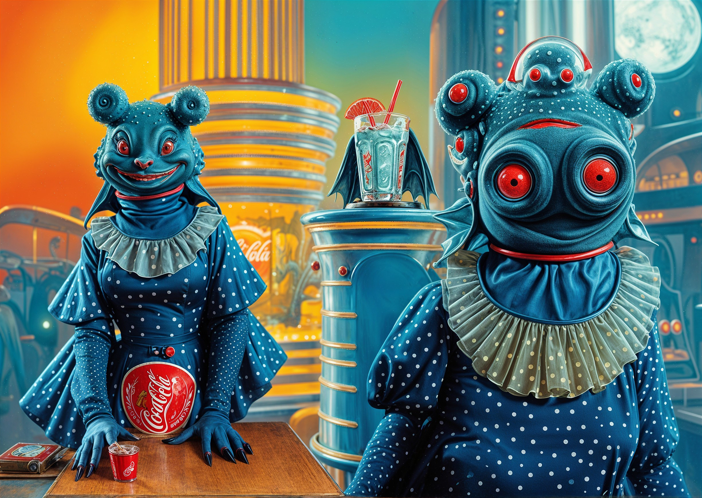 Whimsical Aliens in Retro-Futuristic Setting with Coca-Cola