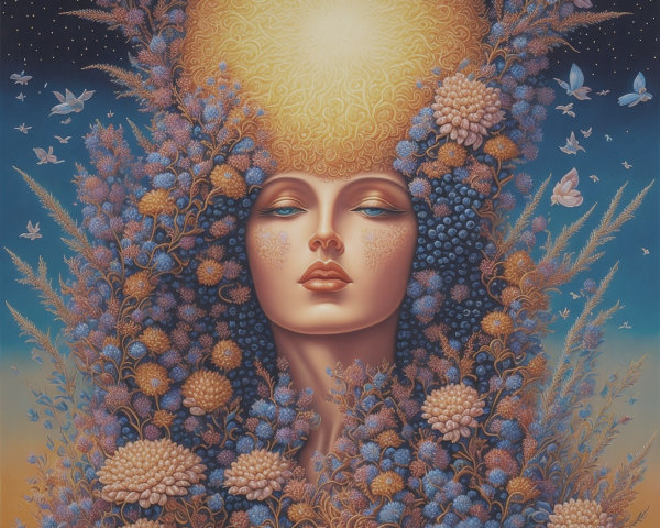 Serene Woman Surrounded by Vibrant Floral Elements