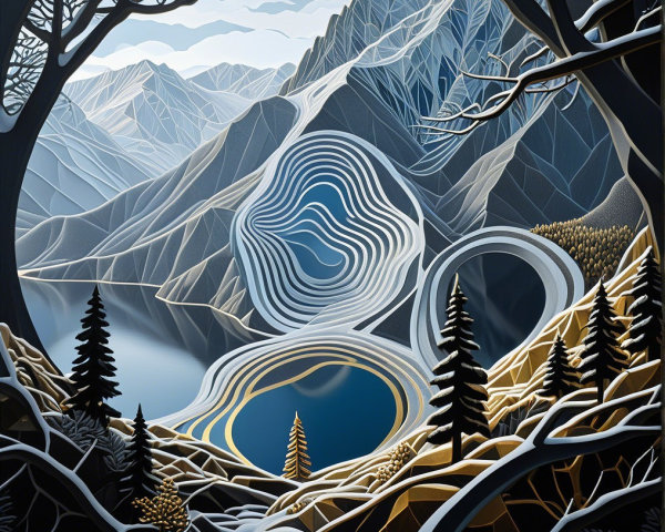 Abstract Landscape with Mountains and Reflective Lake