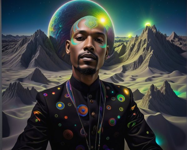 Man in Cosmic Outfit Against Surreal Landscape