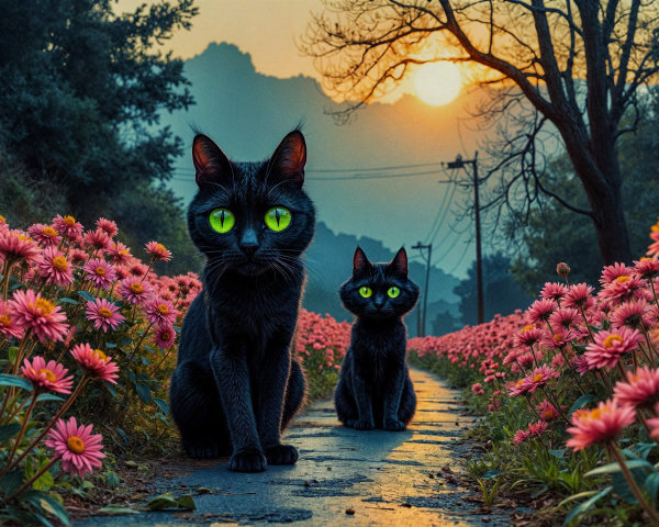 Black Cats on Cobblestone Path with Pink Flowers