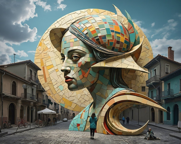 Oversized Mosaic Sculpture of Woman's Head in City