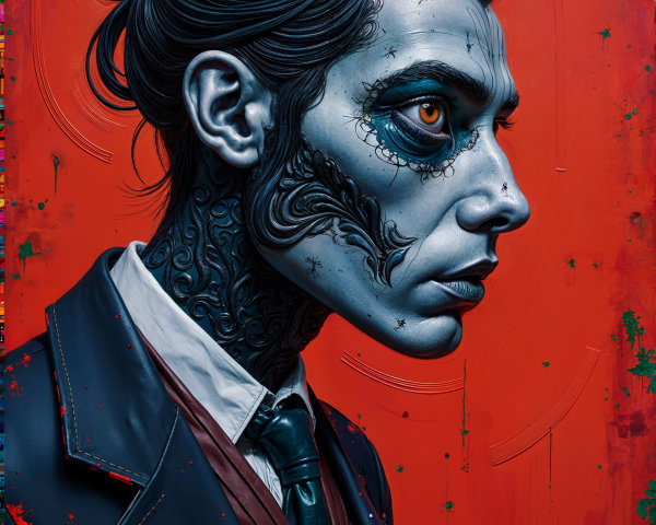 Intricate Figure with Facial Tattoos and Orange Eyes