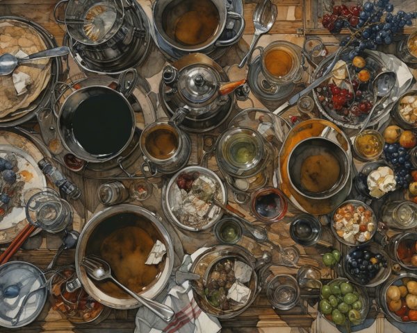 Vibrant Table Scene with Assorted Foods and Utensils