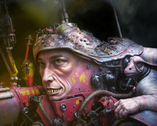 Futuristic Cyborg with Human Face and Alien Creature