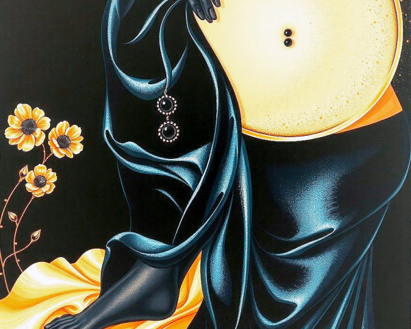 Figure in Flowing Fabric Holding Glowing Circular Object