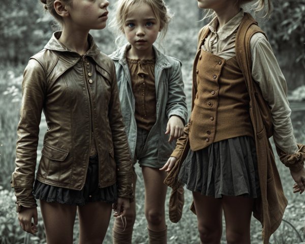 Three Girls in Misty Overgrown Greenery Setting