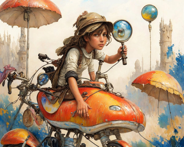 Curious Rider on Custom Motorcycle with Umbrella Canopy