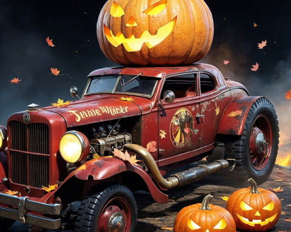 1930s Vintage Red Hot Rod with Halloween Decor