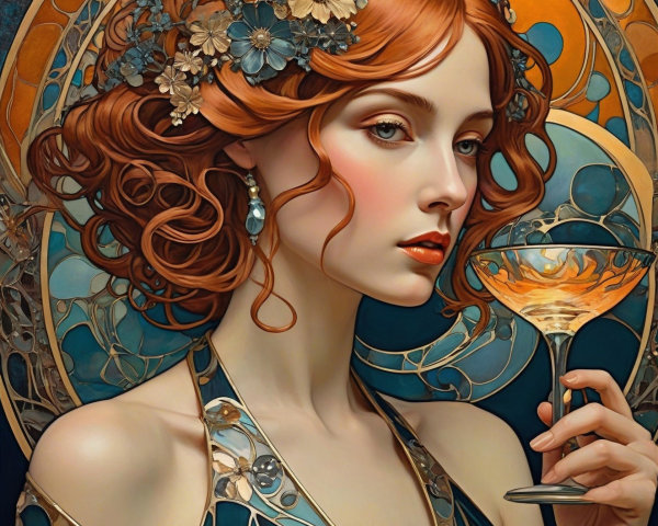 Art Nouveau Portrait of a Woman in Teal Gown