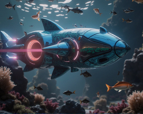 Futuristic submarine in vibrant underwater scene