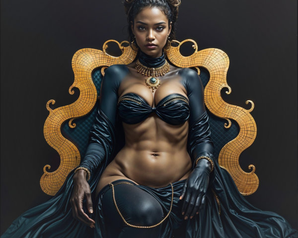 Confident Figure on Ornate Throne in Dark Setting