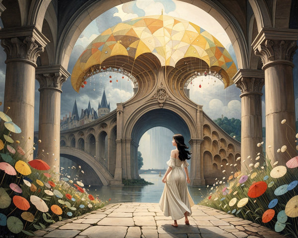 Serene Landscape with Woman and Golden Umbrella Structure