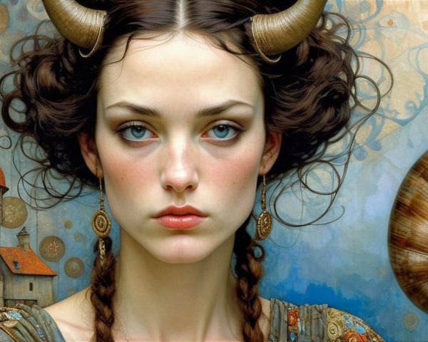 Portrait of a Young Woman with Twisted Horns and Patterns