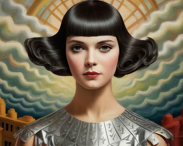 Surreal Painting of Woman in Metallic Top and Cityscape