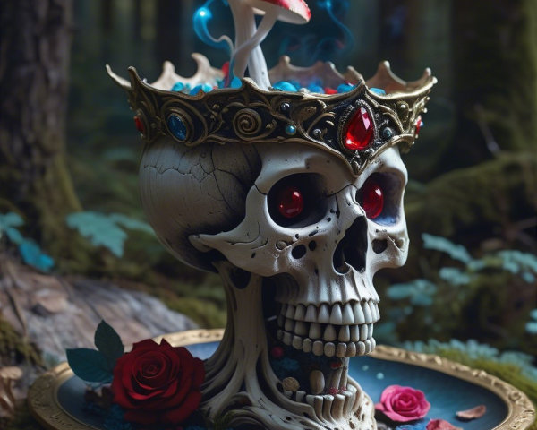 Decorative Skull with Crown in Mystical Forest Setting