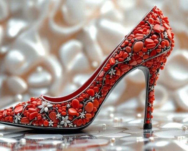 Red High-Heeled Shoe with Floral Embellishments