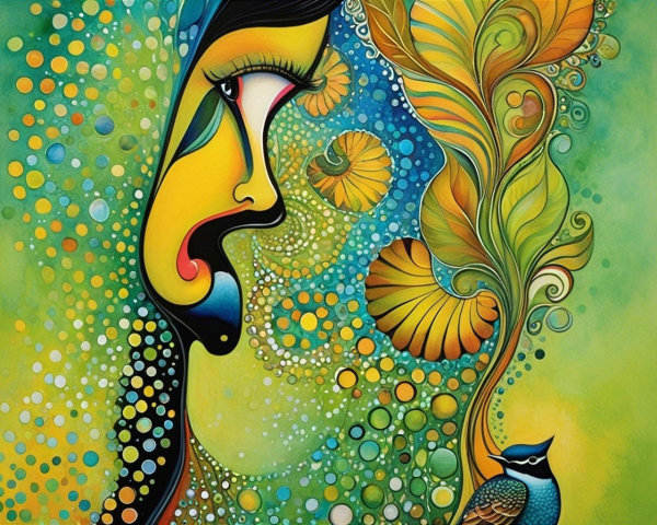 Vibrant Abstract Portrait of a Woman with Nature Elements