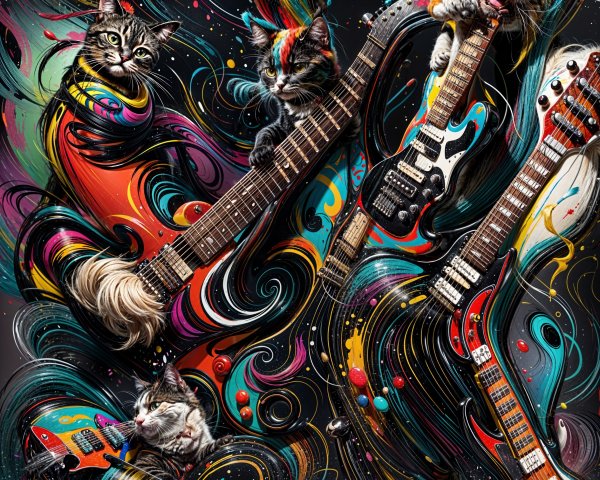 Psychedelic Artwork of Colorful Cats with Guitars