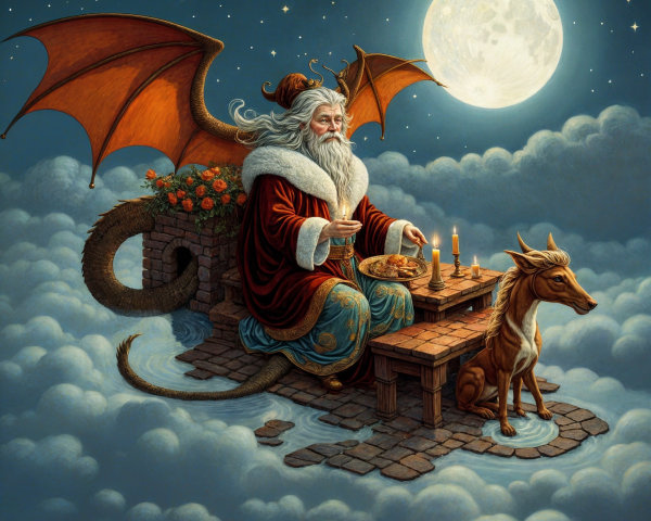 Bearded Figure with Dragon Wings at Cloud Feast