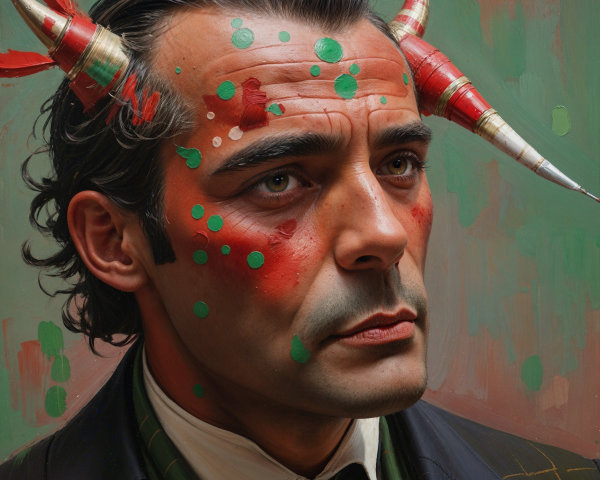 Portrait of a man with vibrant face paint and horns