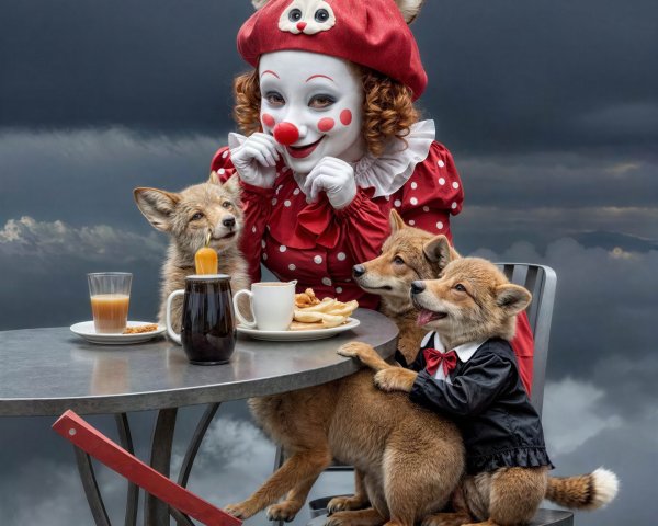 Bizarre Fantasy Art of Clown with Fox Ears and Pups