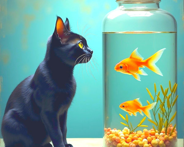 Black Cat Observes Goldfish in Glass Jar Setting
