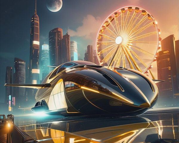 Futuristic Cityscape with Hovercraft and Skyscrapers