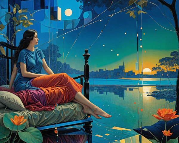 Serene Nighttime Scene with Colorful Fabrics and Sunset