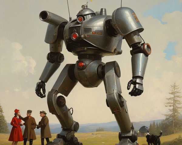 Photorealistic Painting of a Giant Silver Robot in Field