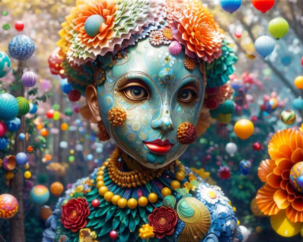 Intricate figure in a whimsical garden of colors