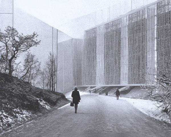 Solitary Figure Walking Towards Industrial Structure in Fog