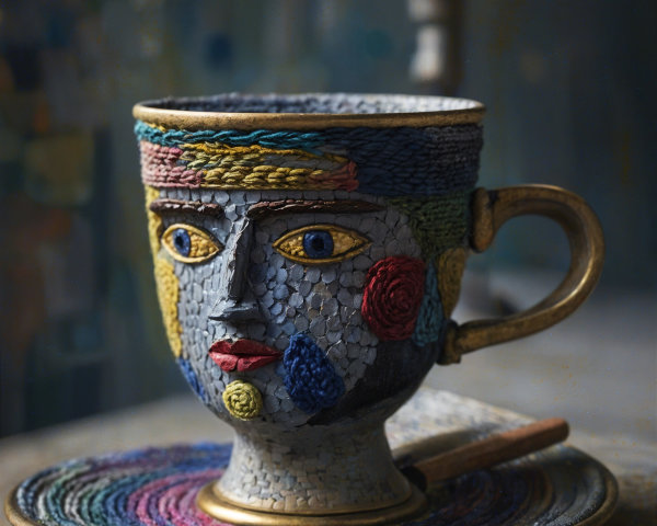 Ceramic Cup with Intricate Face Design and Plate