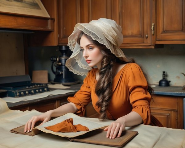 Young Woman in Vintage Kitchen with Book and Instruments