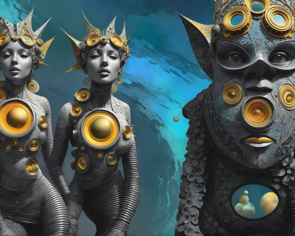Futuristic humanoid figures in cosmic metallic designs