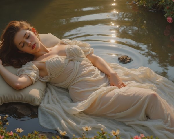 Young woman resting on a pond with flowers and sunlight
